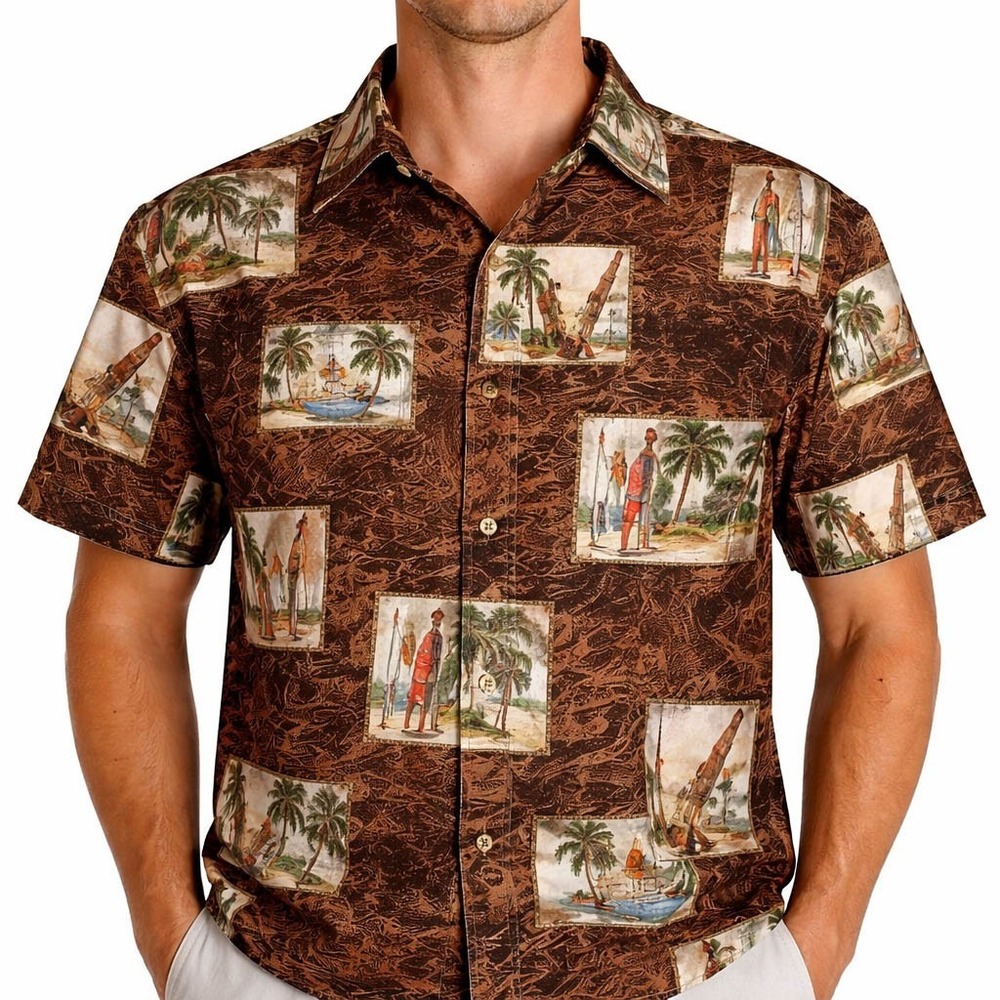 MD Fashion Hawaiian Aloha Shirt XS Beach Huts Ukuleles Surfboards Palms
